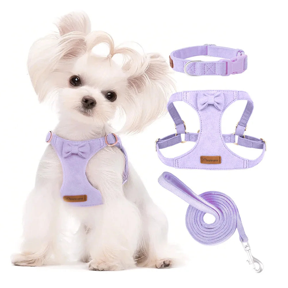 Trendy Premium Suede Dog Harness Leash Set - Adjustable Pet Chest Strap Soft & Durable Puppy kitten Fashion Accessories